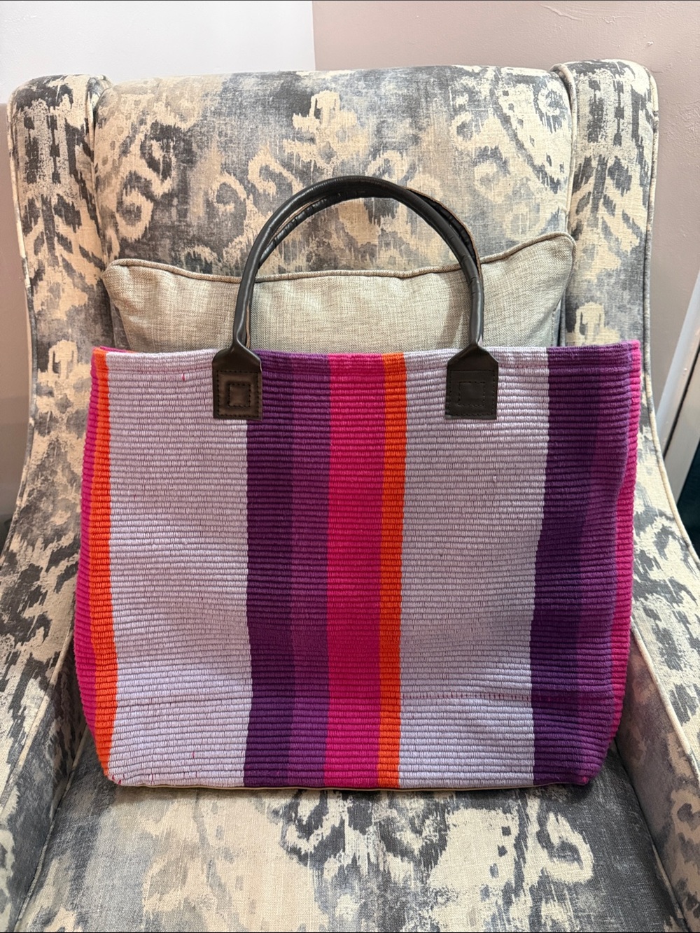 Dash and AlbeStriped Purple & Pink Canvas Tote with Leather Handles 100% cotton